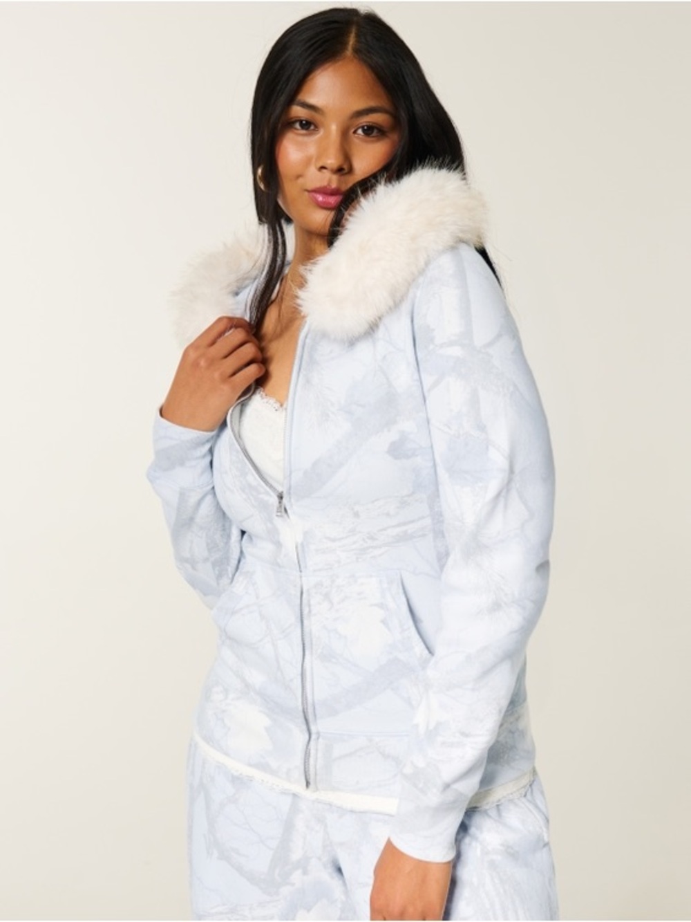 NWT Hollister Light Blue Camo Faux-Fur Trim Hoodie Jacket - Women's Cozy Zip-Up